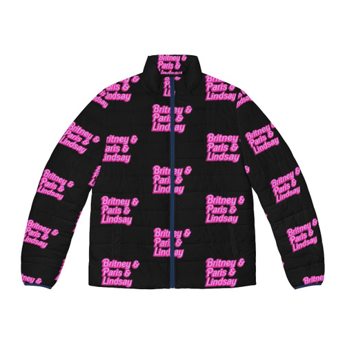 Baby pink puffer jacket with barbie-inspired font, perfect for 2000s inspired winter fashion