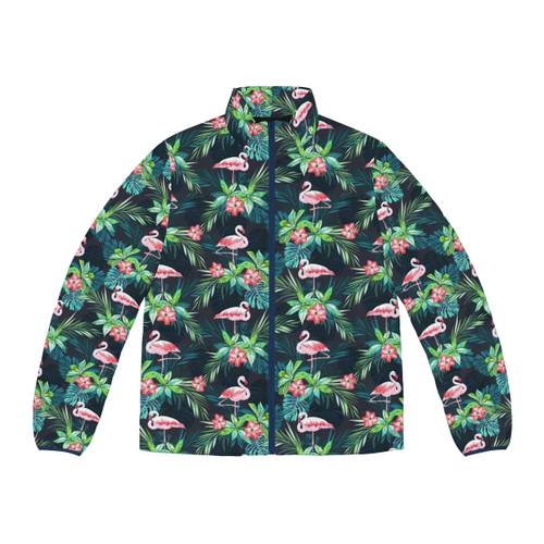 Bright and colorful flamingo puffer jacket with a tropical pattern