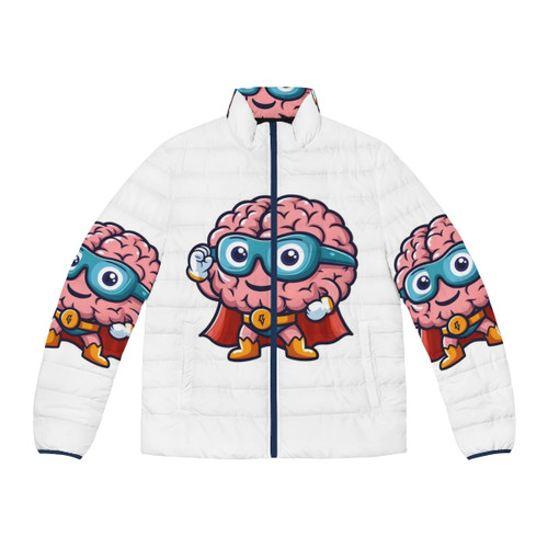 A puffer jacket featuring a brave patient MRI brain superhero design, perfect for kids