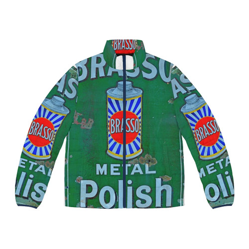 Vintage Brasso enamel sign puffer jacket with retro metal polish advertisement design