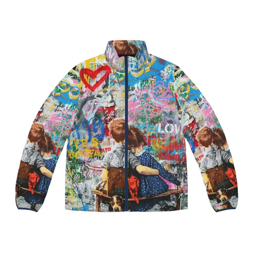 Colorful pop art collage puffer jacket with urban street fashion graphics