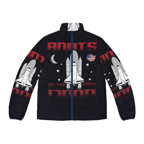 Boots On The Moon Puffer Jacket, a stylish and comfortable space-themed outerwear piece