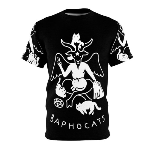 A black t-shirt with a graphic design featuring a cat with baphomet-inspired imagery, including horns, pentagram, and occult symbols.