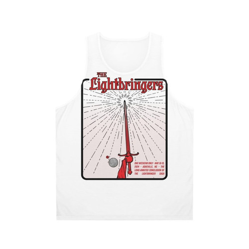 Unisex white graphic tank top with Lightbringers farewell design