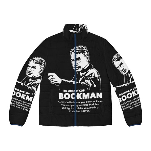 Bookman puffer jacket with library and humor theme
