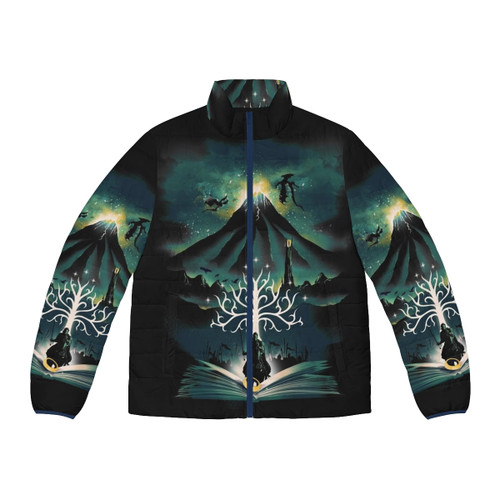 Book of the Return fantasy puffer jacket with literary and adventure-inspired design