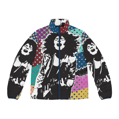 Boogie On Glam Rock Puffer Jacket featuring a halftone pattern, retro colors, and an electric guitar design inspired by music icon Marc Bolan.