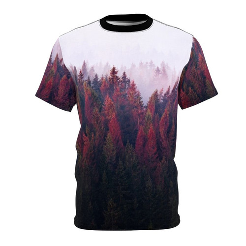 Vintage style t-shirt with nature landscape design featuring foggy forests and mountains