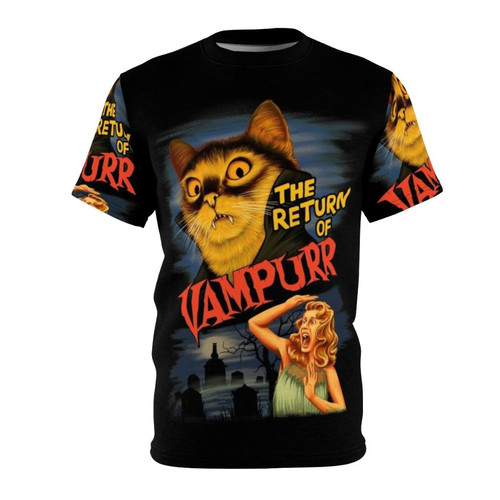 A graphic tee featuring a cat with vampire fangs and a spooky, horror-themed design