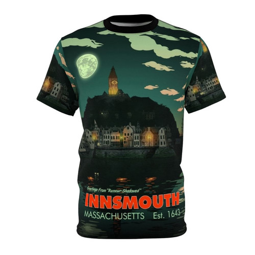 Graphic t-shirt featuring "Greetings from Innsmouth, Massachusetts" design with Lovecraft-inspired elements