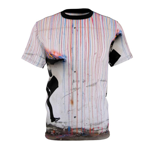 Banksy-inspired t-shirt with a rainbow umbrella and happy girl design