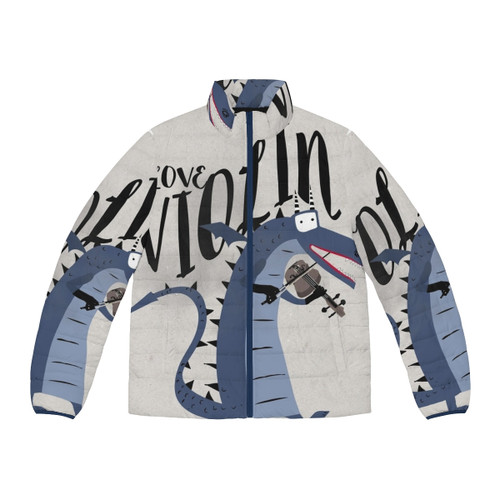 Blue dragon violinist puffer jacket with musical instrument and typography design