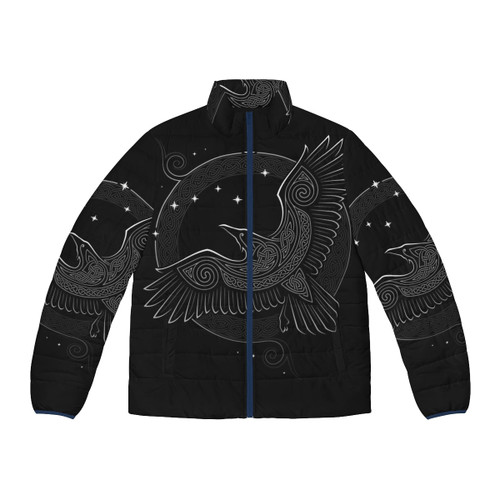 Northern Raven Puffer Jacket featuring a graphic design of a raven with Celtic knotwork and Nordic elements