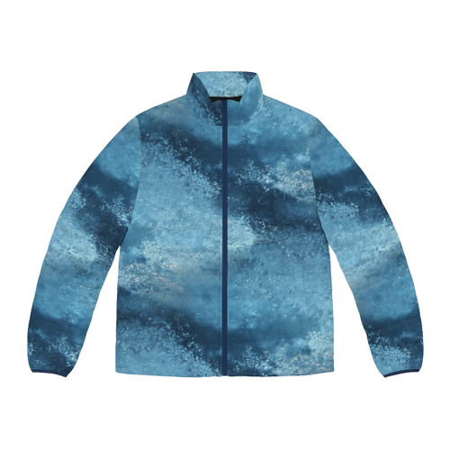 Puffer jacket in a frosty blue color with a vintage, textured pattern
