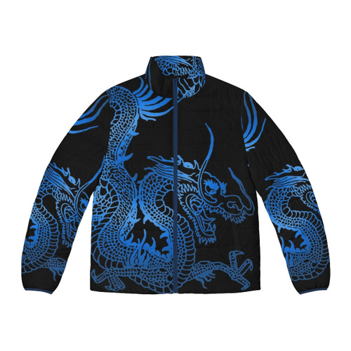 Blue puffer jacket with cloud and moon design, perfect for stargazing and astronomy enthusiasts
