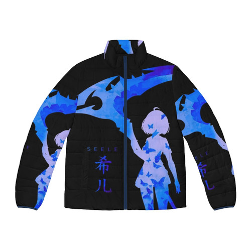Blue camouflage puffer jacket with warm insulation for outdoor activities