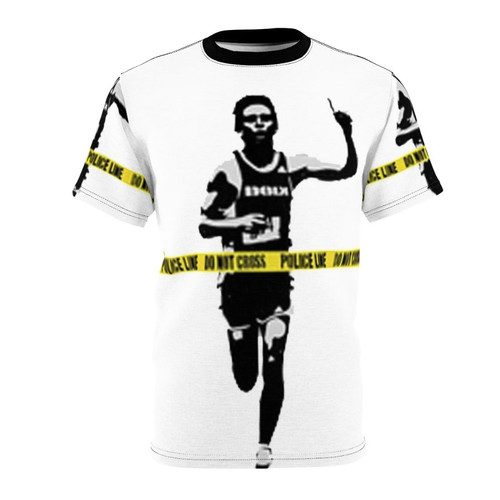 Banksy-inspired graphic t-shirt featuring a marathon runner passing through a police line, perfect for fans of street art and urban culture.