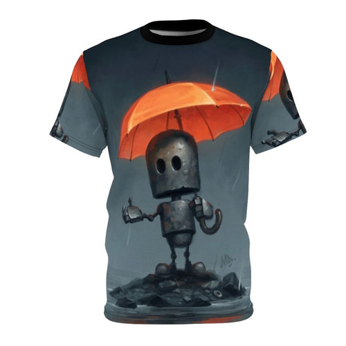 Illustration of a robot sitting alone under a gray umbrella during a rainy season