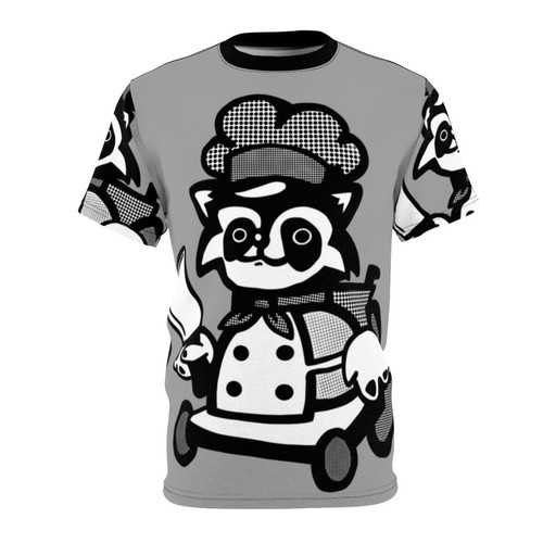 Illustration of a raccoon in a wheelchair using a cooking knife, with the text "Overcooked Raccoon" on a graphic t-shirt design.