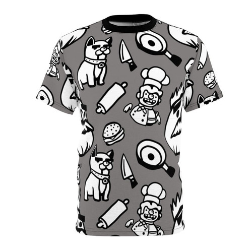 Overcooked Inspired Pattern T-Shirt featuring a colorful design with cooking elements like pans, knives, and a raccoon character