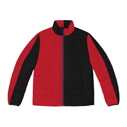 Black and red color block puffer jacket with basketball design