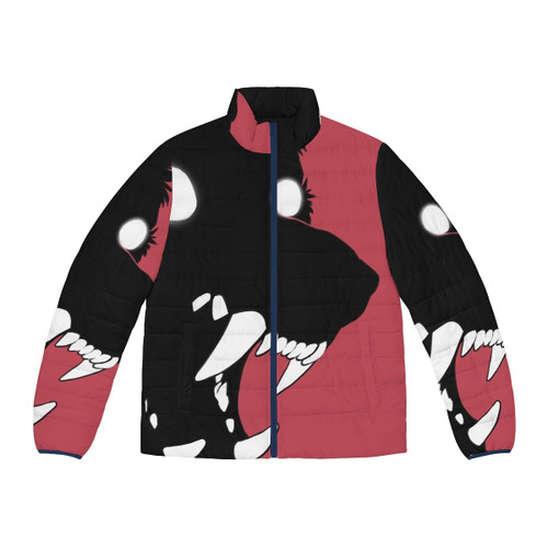 A black puffer jacket featuring the eerie image of the Black Shuck cryptid