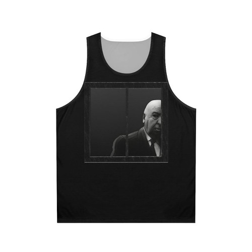 Alfred Hitchcock black and white graphic on a unisex tank top