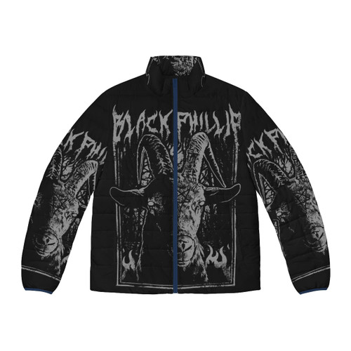 Black metal puffer jacket with satanic and gothic design