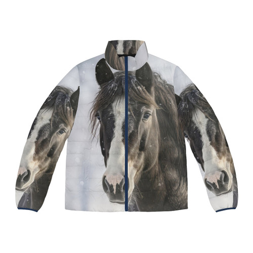 Black horse in winter puffer jacket