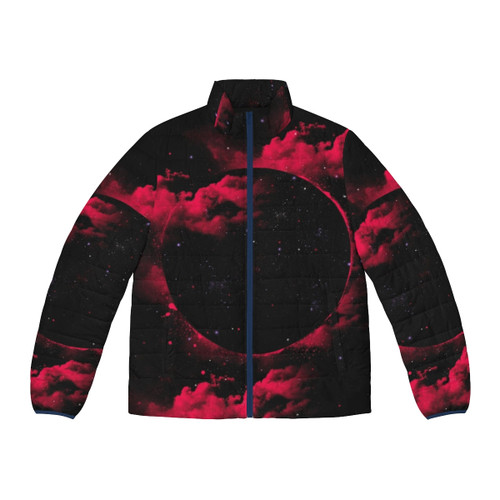 Stylish black hole puffer jacket with cosmic galaxy and star design