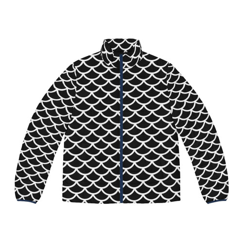 Black and white puffer jacket with a geometric fish scale pattern design