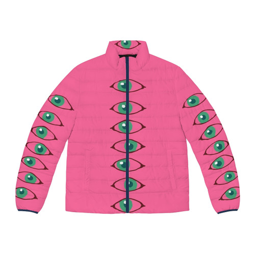 No More Heroes Shifty Eye Puffer Jacket in Shocking Pink