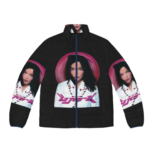 Vintage Bjork puffer jacket in a 90s electronica and disco pop style