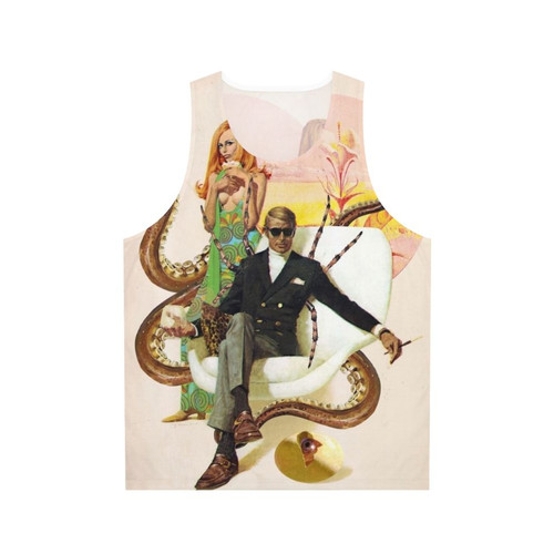 Unisex tank top with collage art inspired by pulp fiction and surreal fantasy