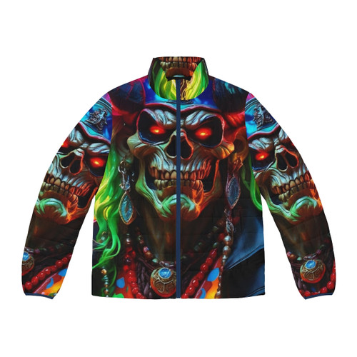 Biker Pirate Puffer Jacket with Skull and Demon Designs