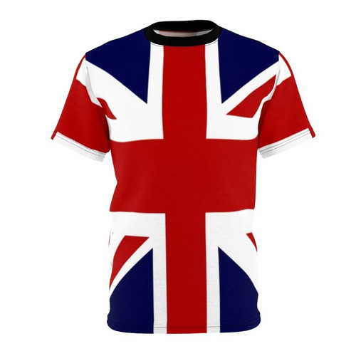 Model wearing a t-shirt with a union jack flag design, British patriotic clothing