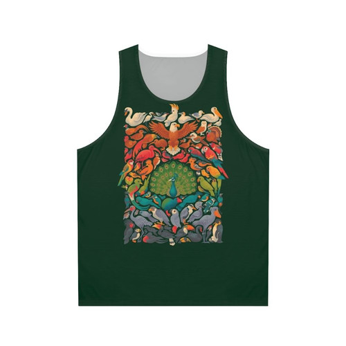 Unisex tank top with colorful tropical birds and nature imagery