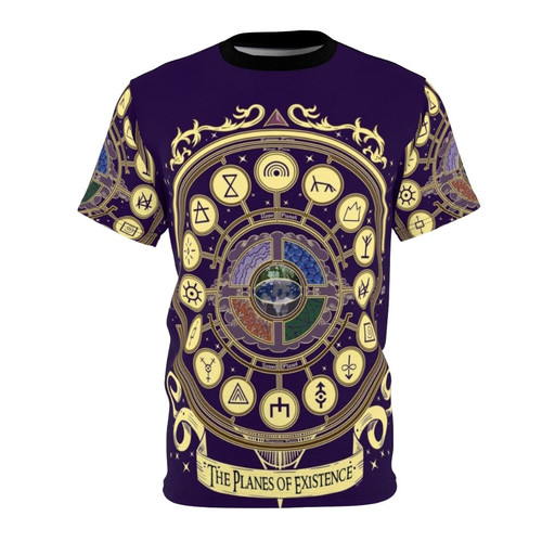 Graphic t-shirt design featuring a diagram of the planes of existence from fantasy role-playing games.
