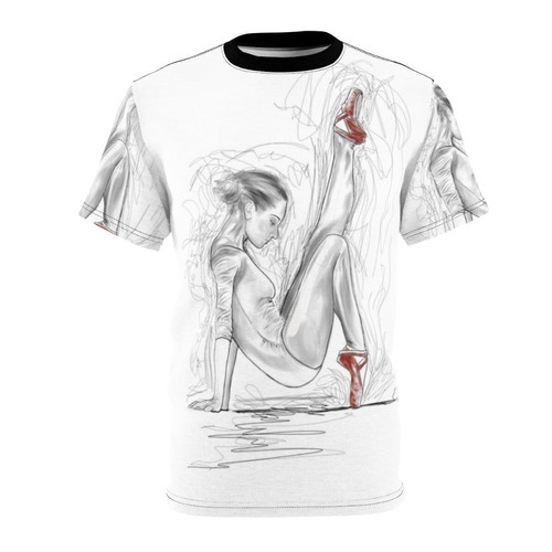 A t-shirt featuring a digital illustration of red ballet shoes, representing the passion and artistry of ballet dance.