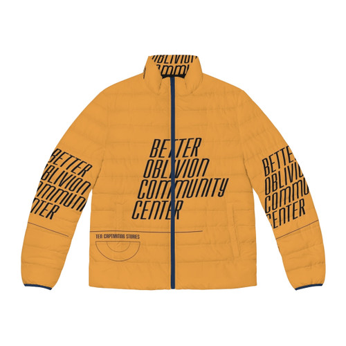 Orange puffer jacket featuring the Better Oblivion Community Center logo