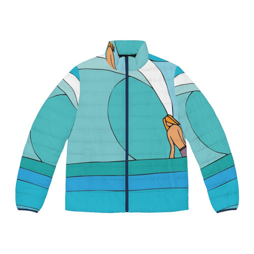 Below Sea Level Puffer Jacket featuring a vibrant ocean-inspired design