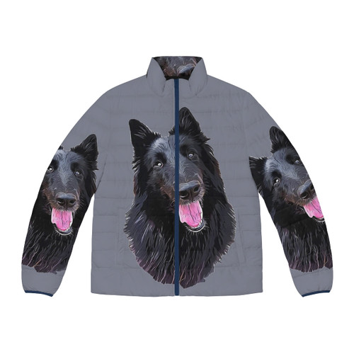 Puffer jacket featuring an illustration of a cute black Belgian Shepherd Groenendael dog breed