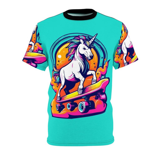 Neon color t-shirt featuring a unicorn skateboarding graphic