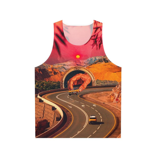 Colorful surreal unisex tank top with retro futuristic design featuring cars and space elements