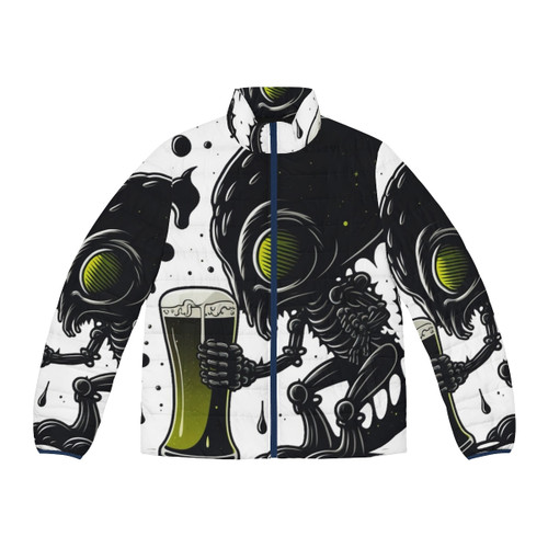 Puffer jacket featuring an alien drinking beer in an outer space design