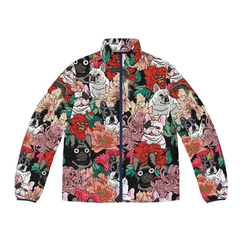 Botanical print french bulldog puffer jacket