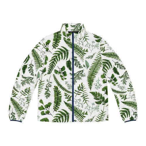 Green puffer jacket with beautiful fern and leaf print