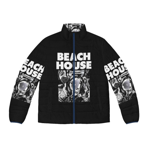 Model wearing a colorful beach house puffer jacket