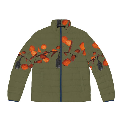 Moss green puffer jacket with a cute hanging bat design