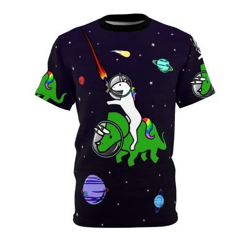 Whimsical illustration of a unicorn riding a triceratops in a starry galaxy background